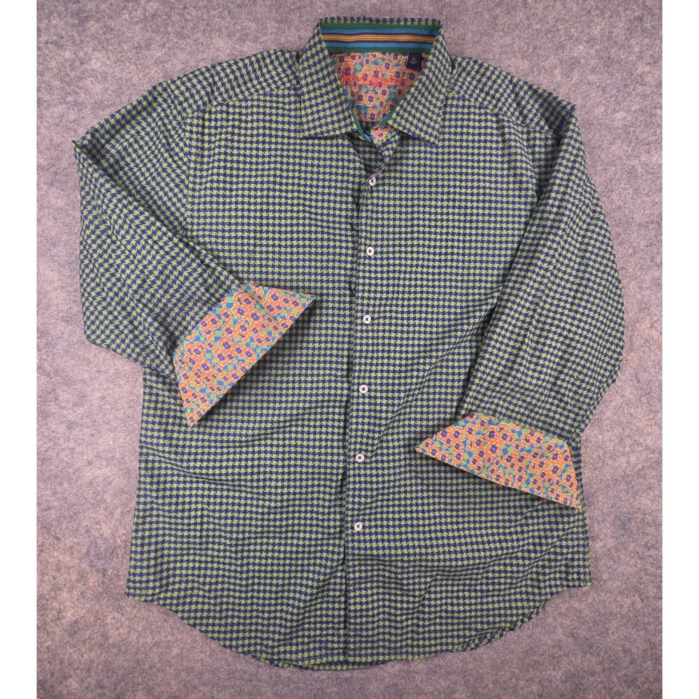 Robert Graham Mens XL Green Blue Geometric Flip Cuff Shirt Paisley Check